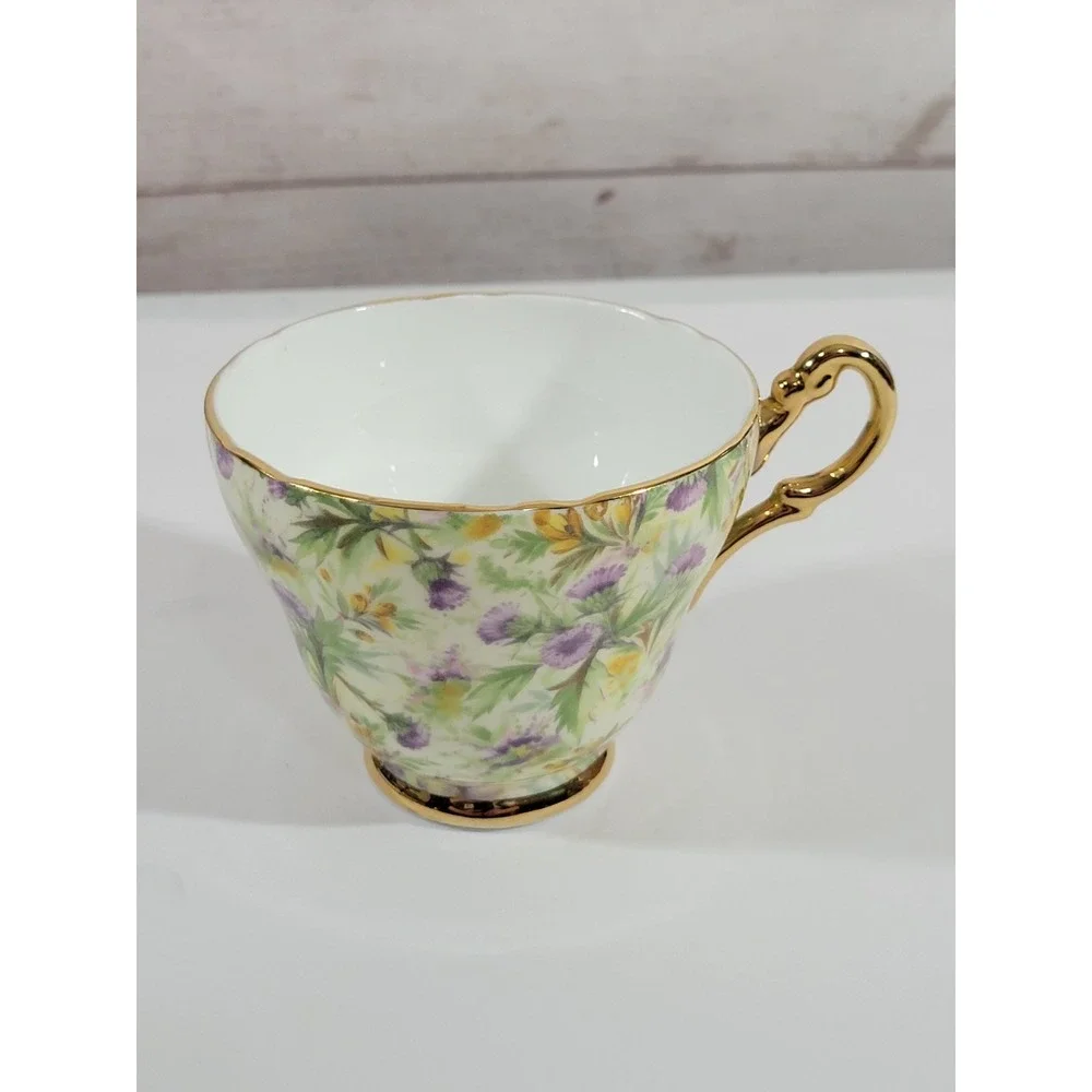 Regency Bone China Teacup & Saucer Set Thistle Chintz Scalloped Edges Gold Trim